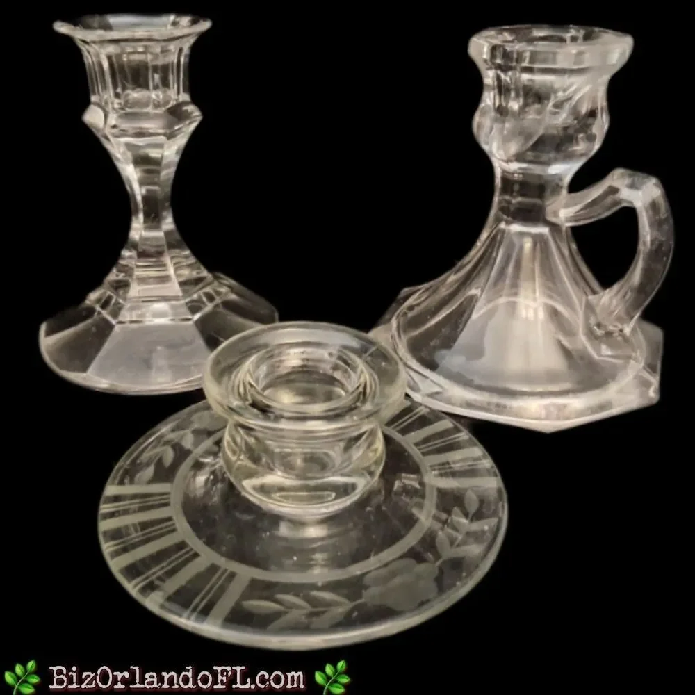 VINTAGE: Lot (3) Elegant Styles & Size Glass Candlestick Holders Art Glass Decor